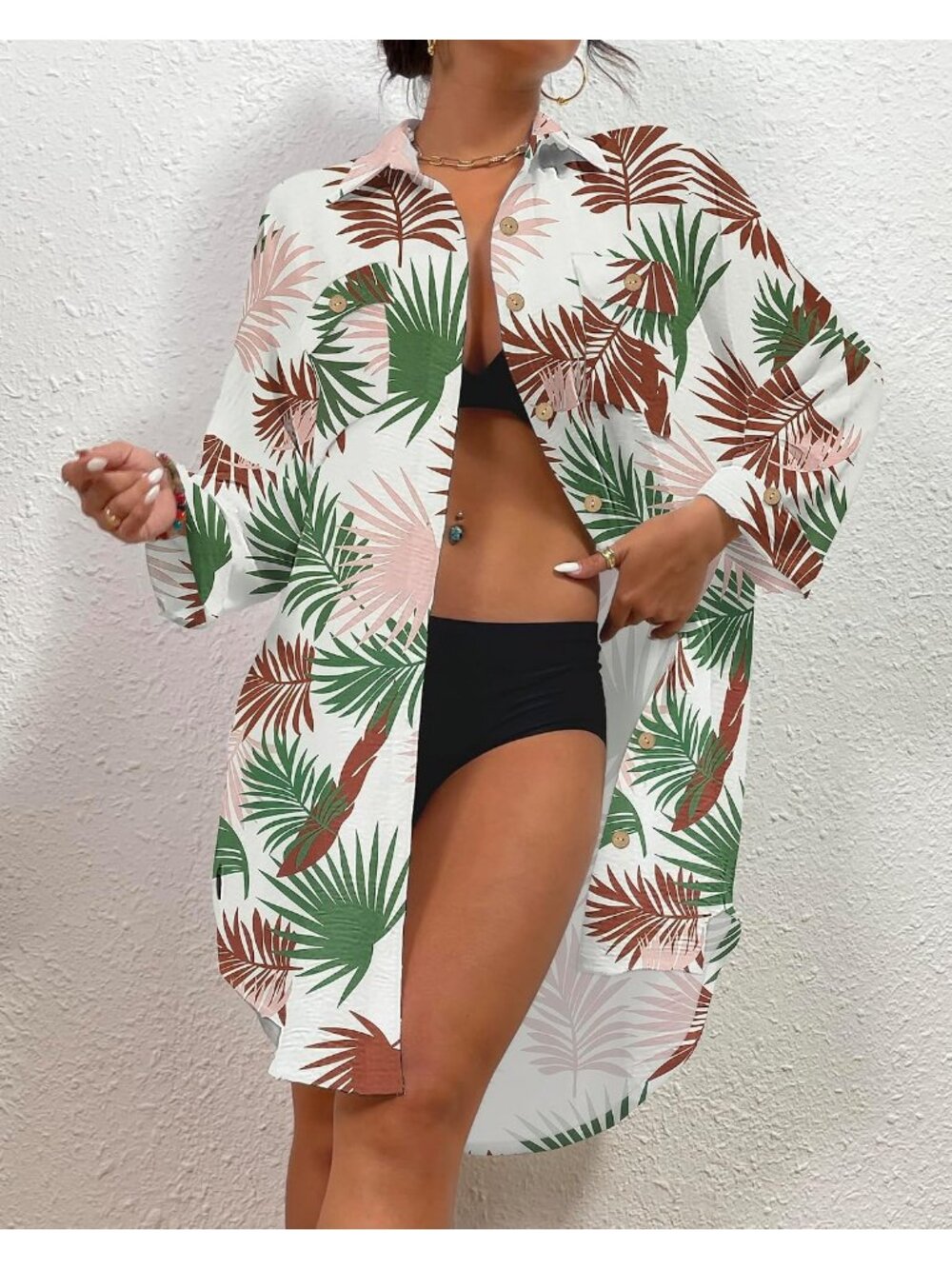 Women's Leafy Print Polyester Button Down Shirt Cover Up Beach Swimsuit Cover Up